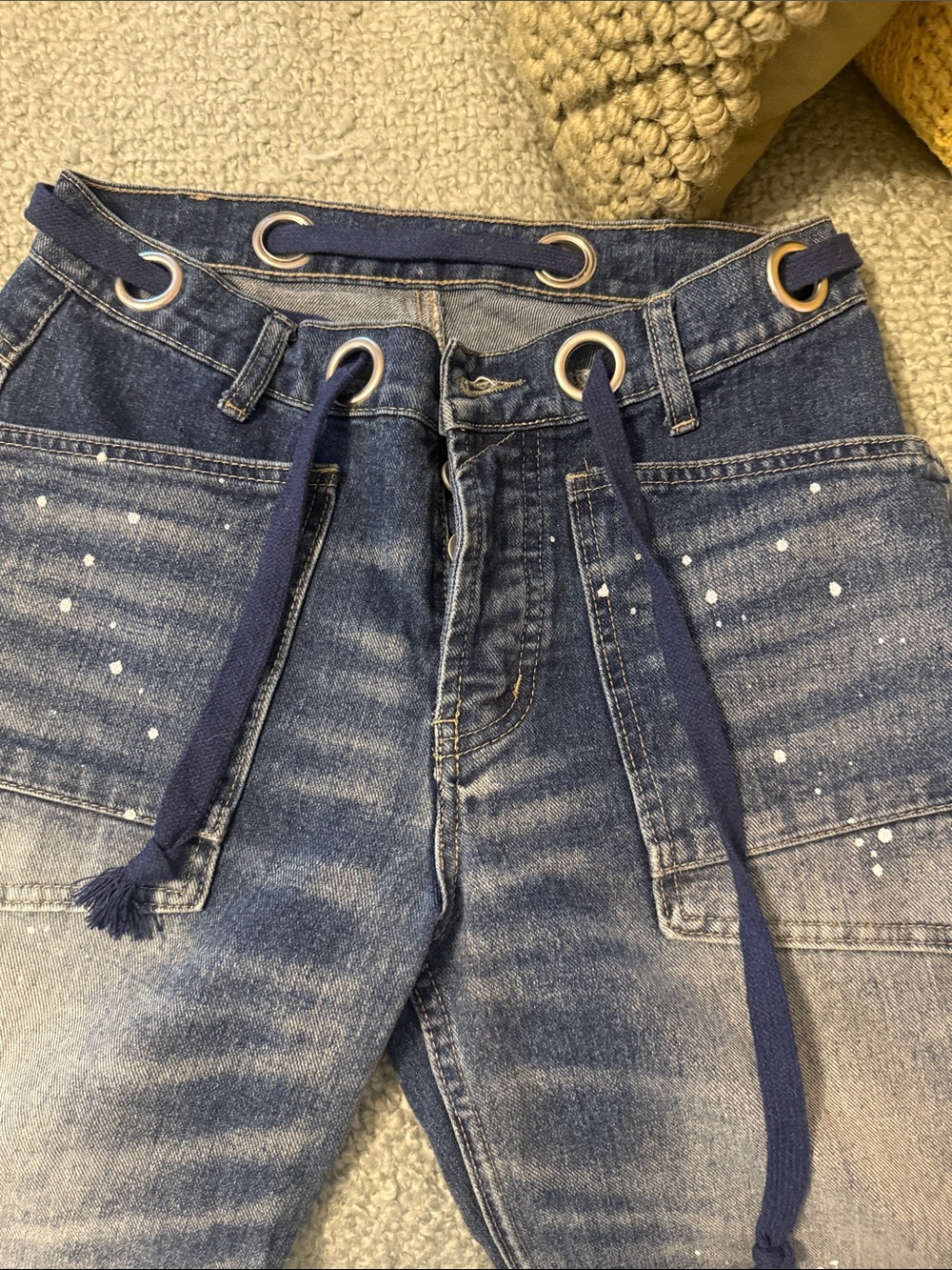 High-Rise Blue Washed Women’s Boyfriend Jeans with Drawstring